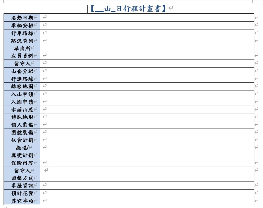 新手登百岳登山計劃書