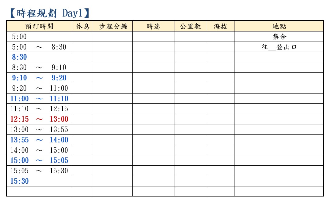 新手登百岳登山計劃書時程表